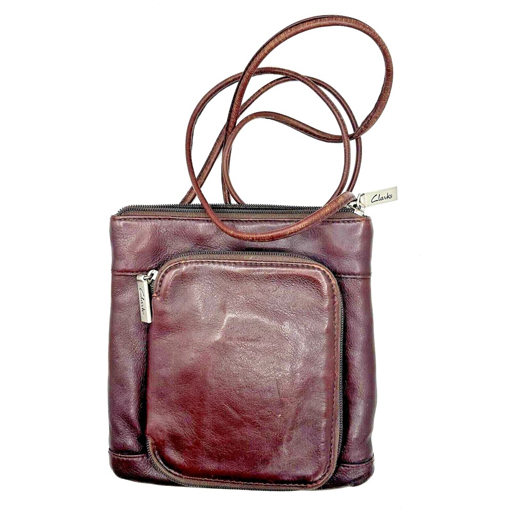 Clarks Crossbody Bag Womens Small Burgundy Leather Organizer Wallet Purse Preppy